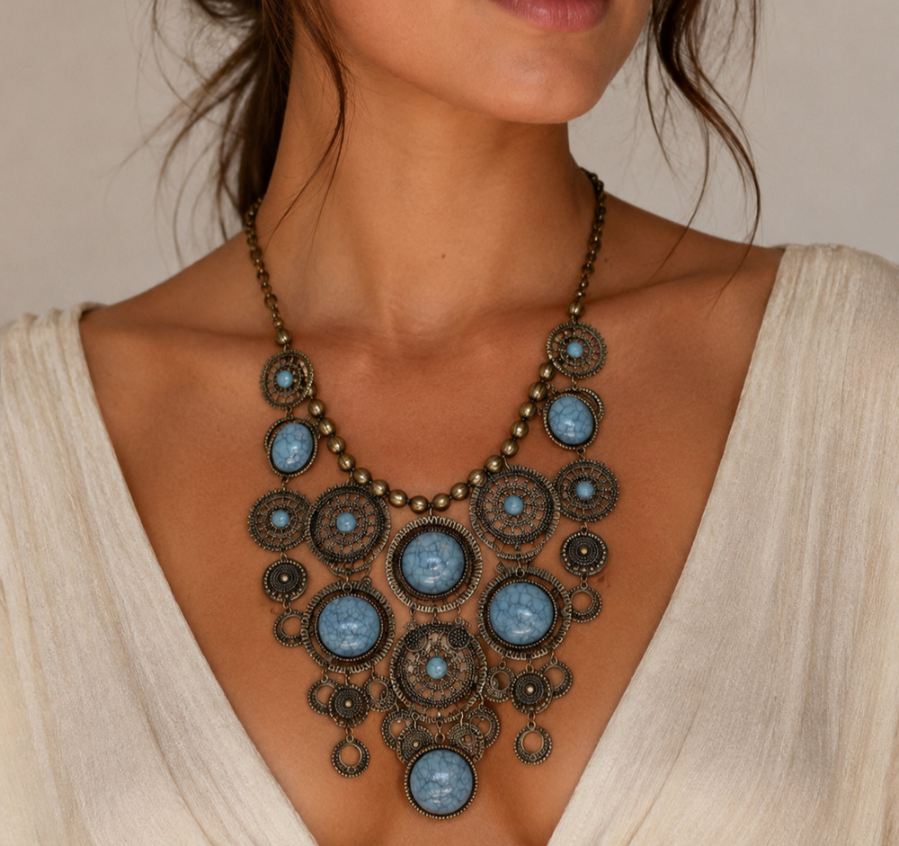 Chico's Necklace Turquoise Stone Bead Gold Tone Disc Bib Statement Boho Jewelry
